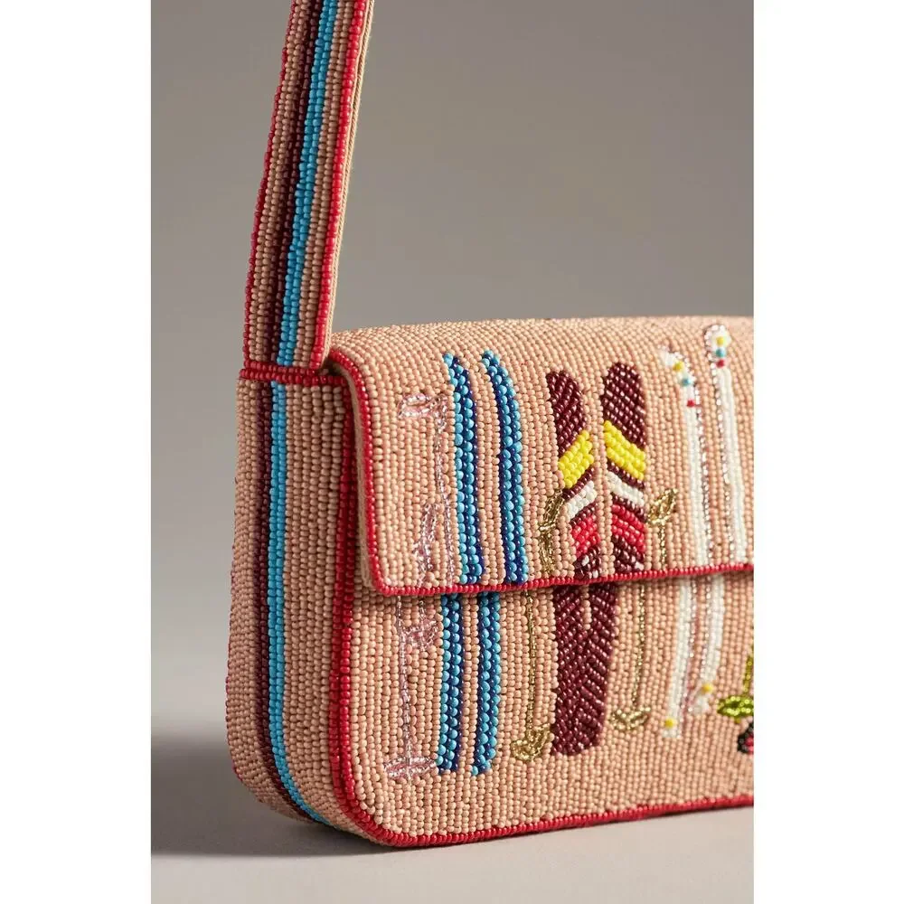 nwt ANTHROPOLOGIE The Fiona Beaded Bag: Winter Icon Edition Skis Motif
